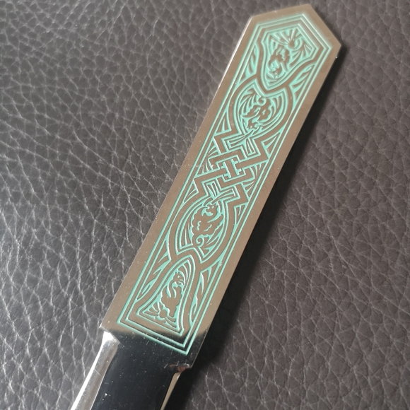 Vintage Solingen Germany Silver Letter Opener 9.5" Green Etched Phoenix Pattern - Picture 2 of 7